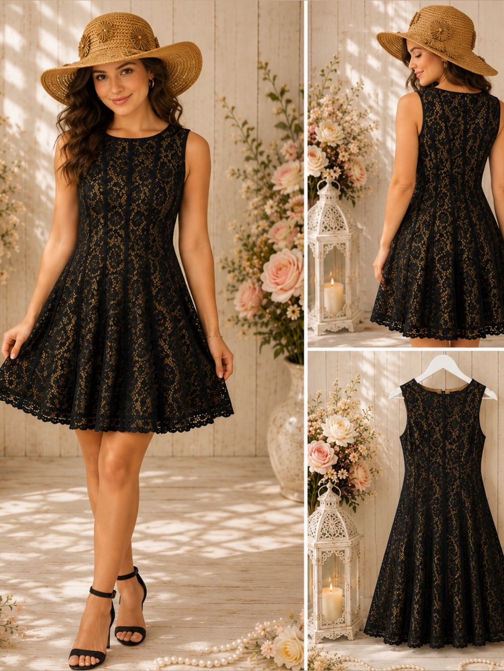 Connected Apparel Petite 4 Black Lace Dress + NWT Steve Madden Hat